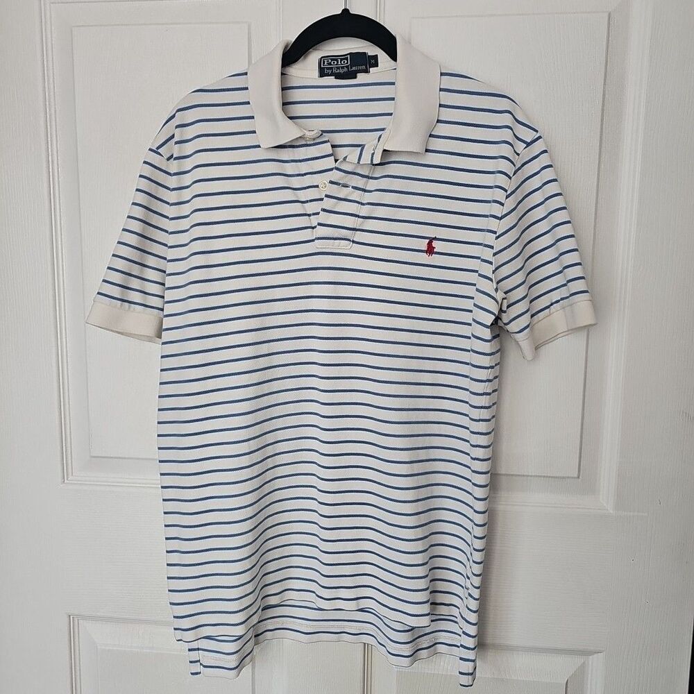 Polo Ralph Lauren Men's Short Sleeve Logo Blue Stripes White Color Medium